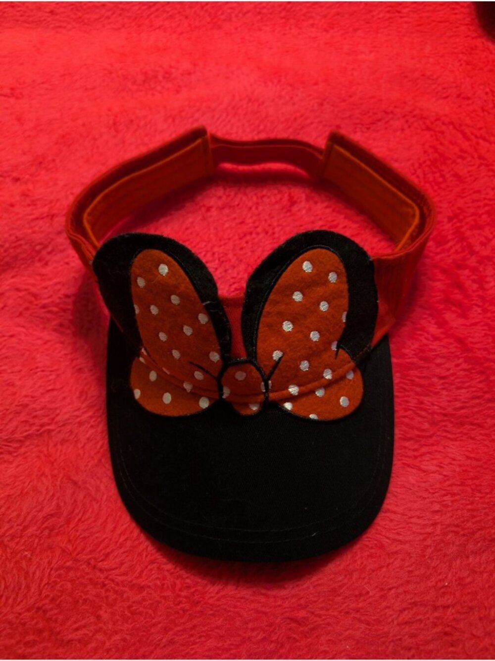 Disney Parks Minnie Mouse Ears Visor Hat Red Black Polka Dot Bow Theme Park Cap